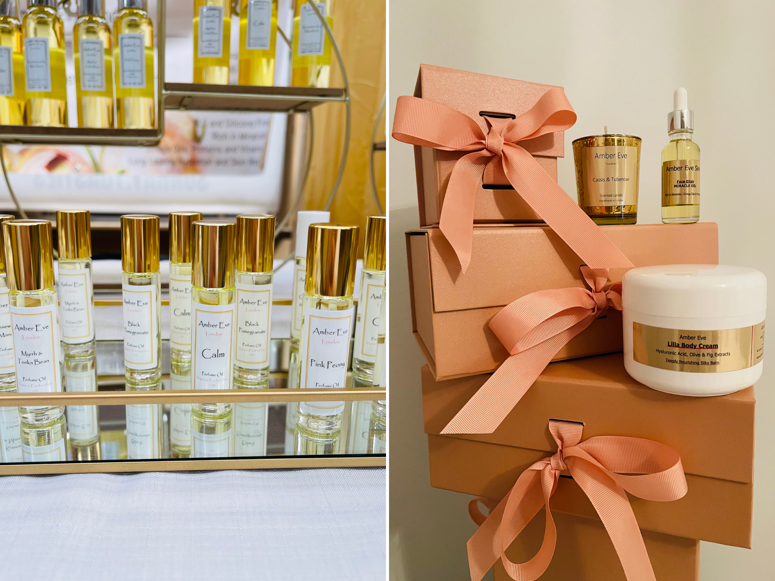 A collage of cosmetic products including scents, creams and gift boxes