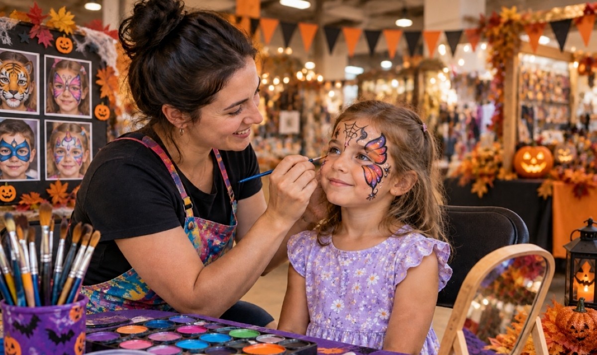 A face painter at Greenwich Market carefully paints a colourful butterfly and spiderweb Halloween design on a young girl’s face at a festive stall decorated with pumpkins, autumn leaves and orange-and-black bunting.
