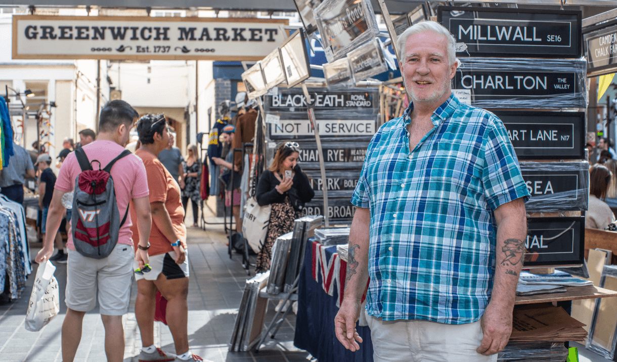 Photograph of Tom who works at "Liz Loves Liz" which is a stall in Greenwich Market